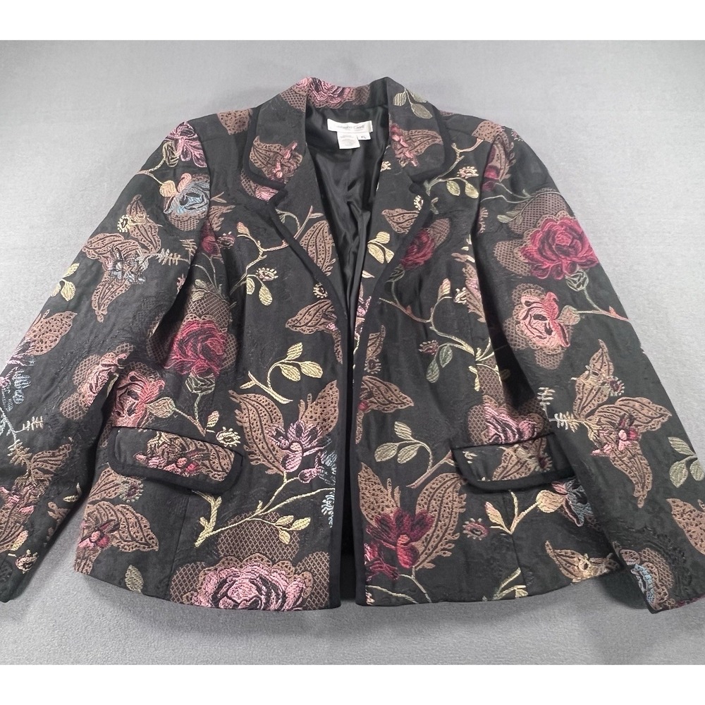 Coldwater Creek Petite Large Blazer Black Floral Tapestry Jacquard Cotton Blend